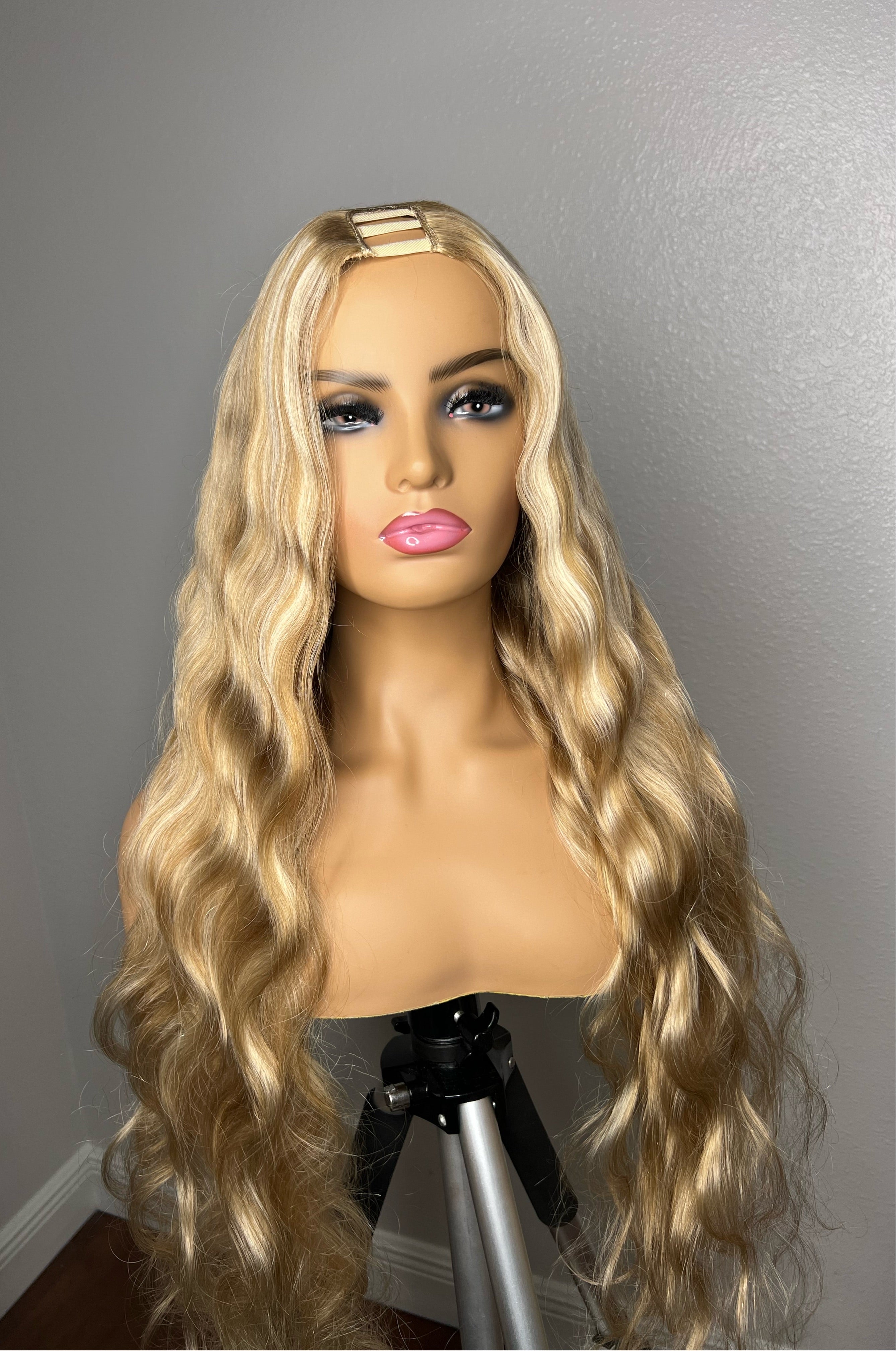 Blonde UPart Wig Unit Highlights Blonde U Part Wigs Middle Open Ombre Bouncy Curly  main image 4